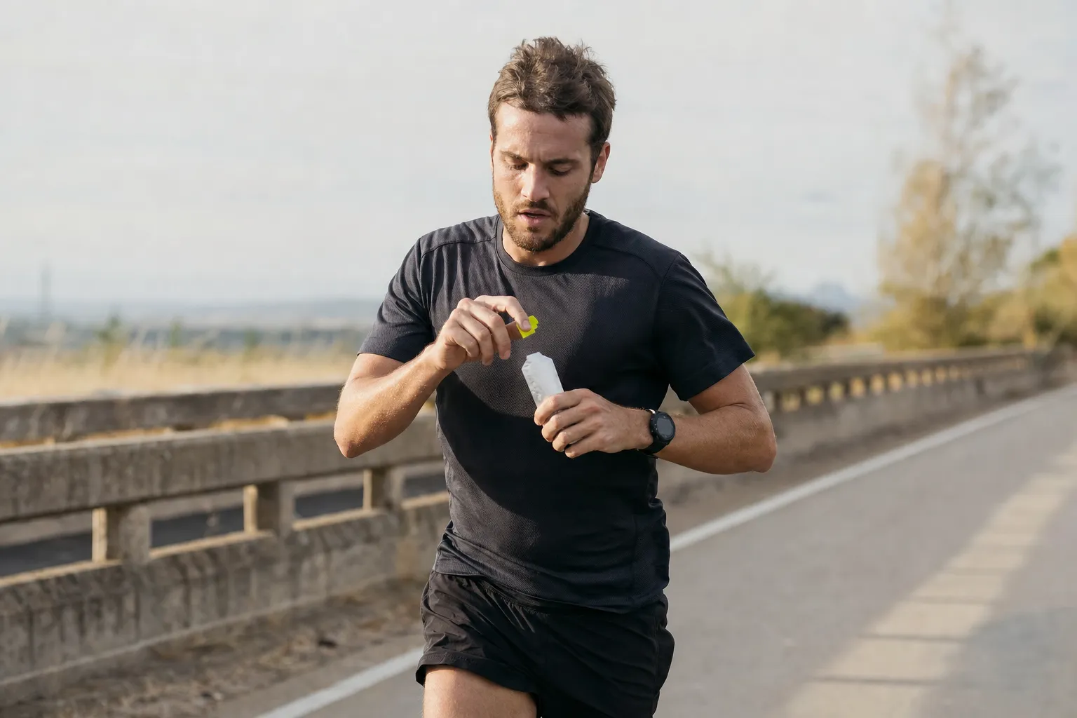 Coureur prenant un gel énergétique en pleine course.