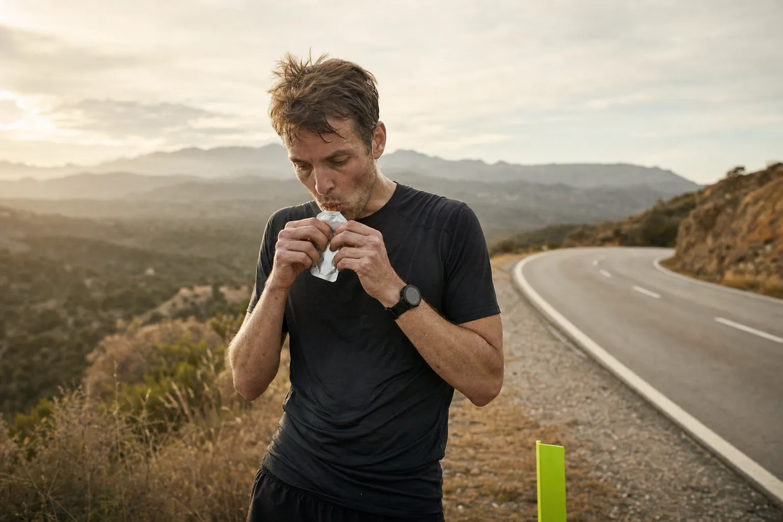 Coureur reprenant un gel au bord de la route pour repartir.