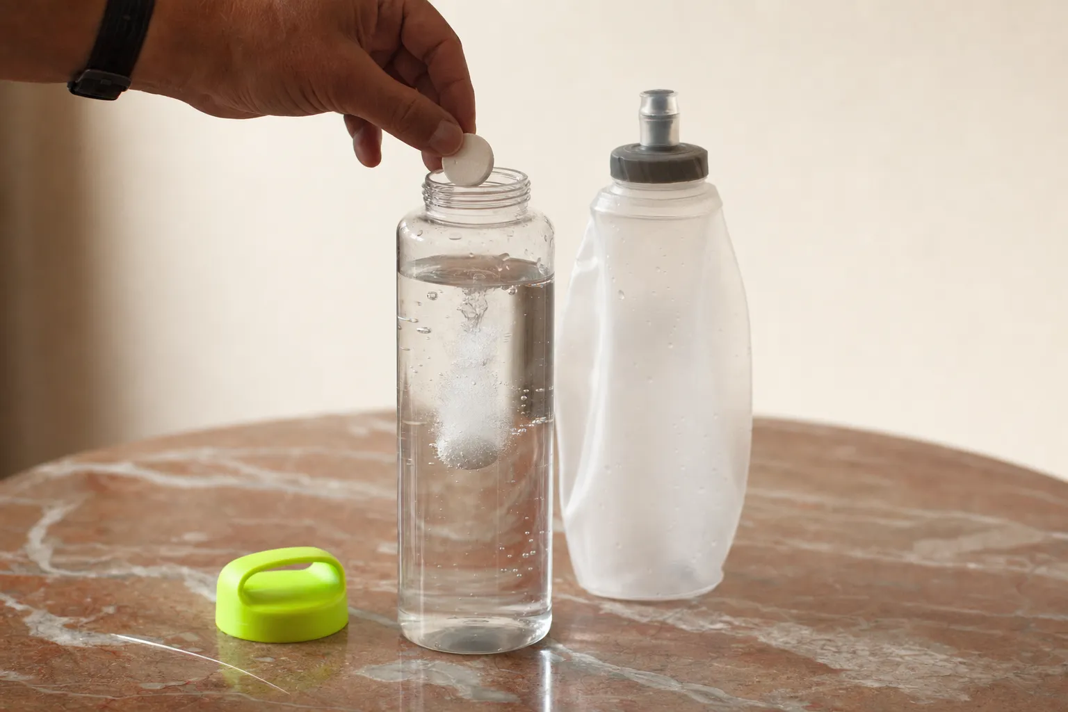 Pastille d'électrolytes tombant dans une bouteille d'eau.