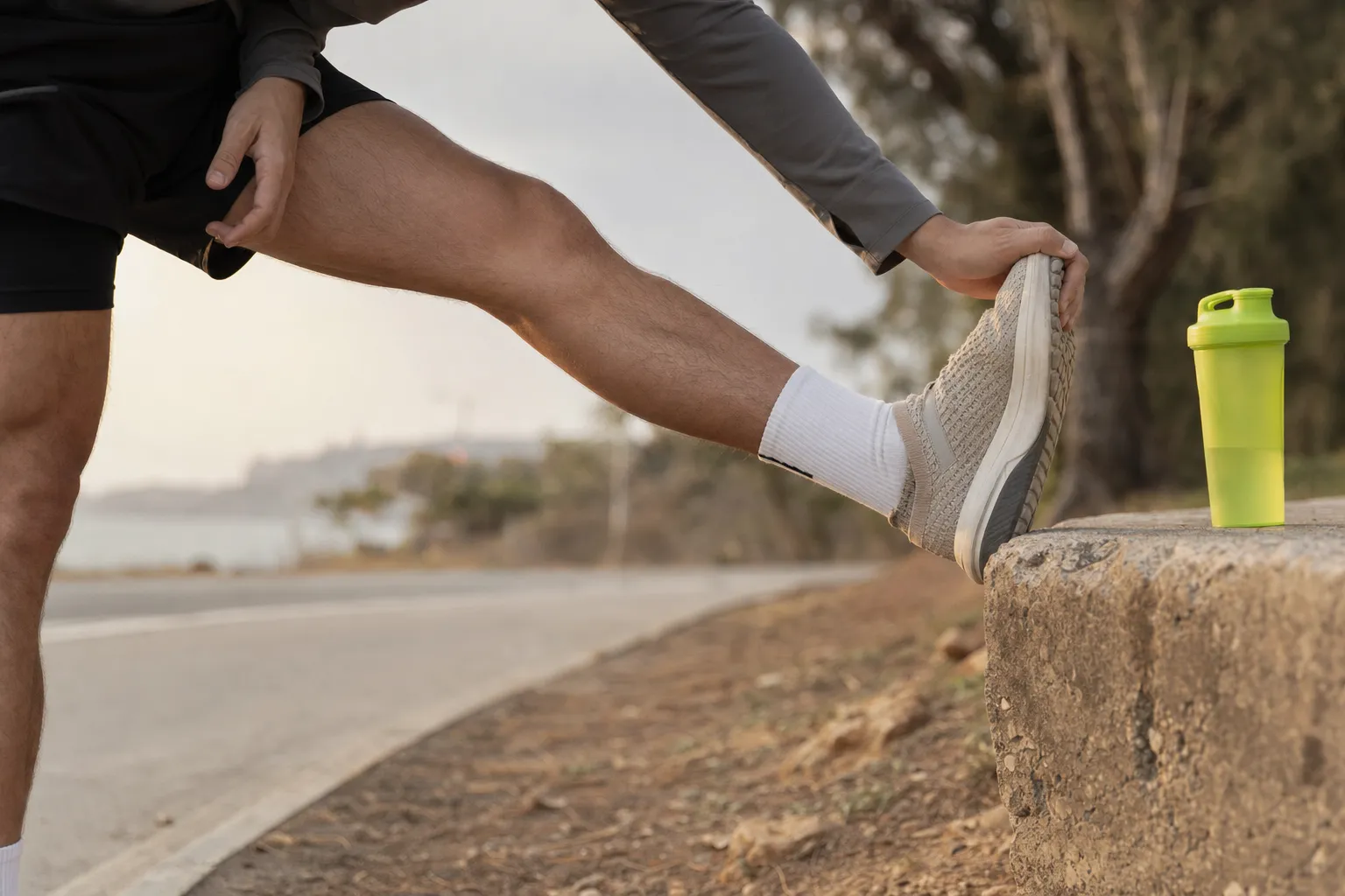 Coureur étirant son mollet pour soulager une crampe.