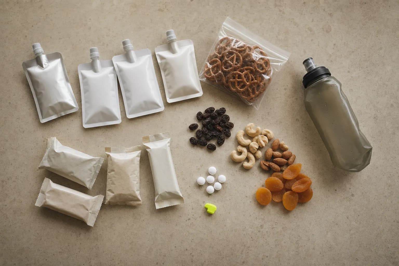 Kit nutrition d'ultra-trail à plat : gels, barres, salé, sel.